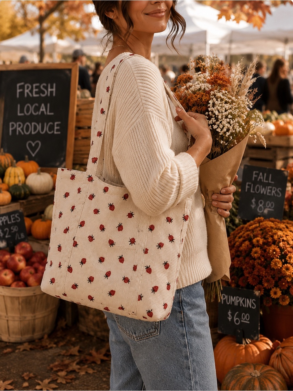 Strawberry Print Canvas Tote Bag - Cream